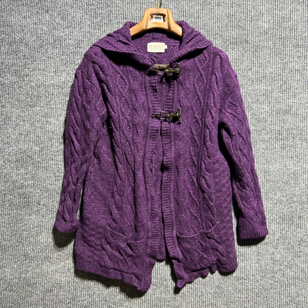 Vintage Blarney Aran Originals Cardigan Women L Purple Cable Knit Hooded Toggle